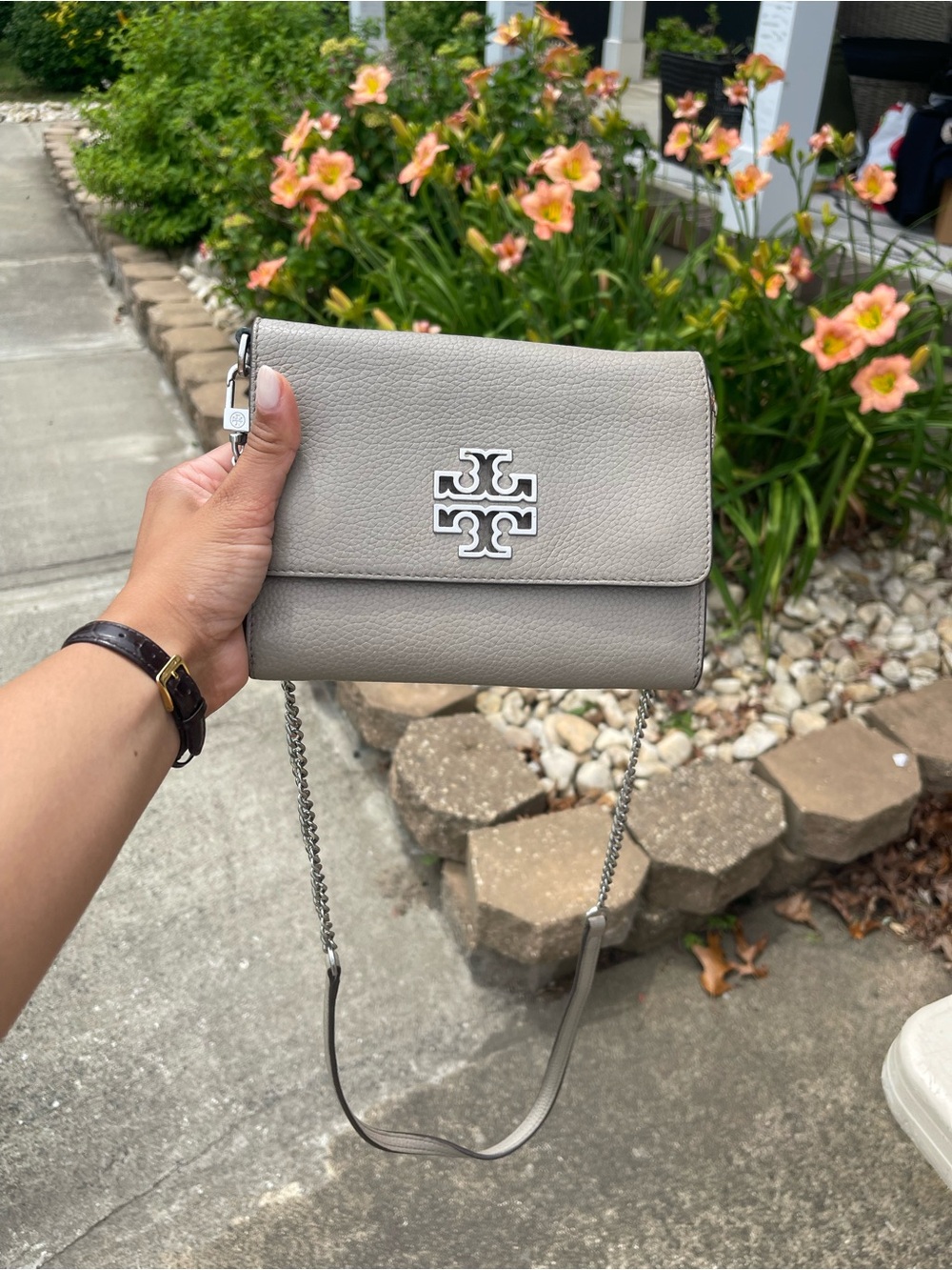 Tory Burch Light Gray Pebbled Leather Chain Crossbody